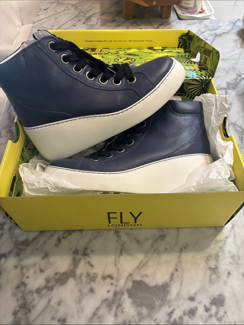 FLY London Navy and White High-Top Platform Sneakers